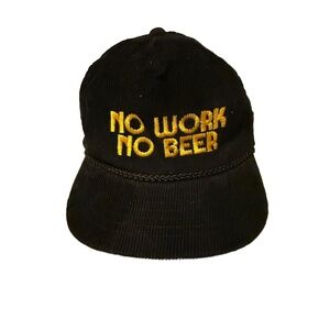 Vtg No Work No Beer Corduroy Hat Black Yellow Gold Adjustable punk rockabilly